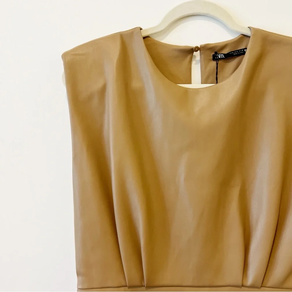 ZARA Faux Leather Padded Shoulder Mini Dress Womens Brown Sleeveless Size Large - Picture 8 of 15